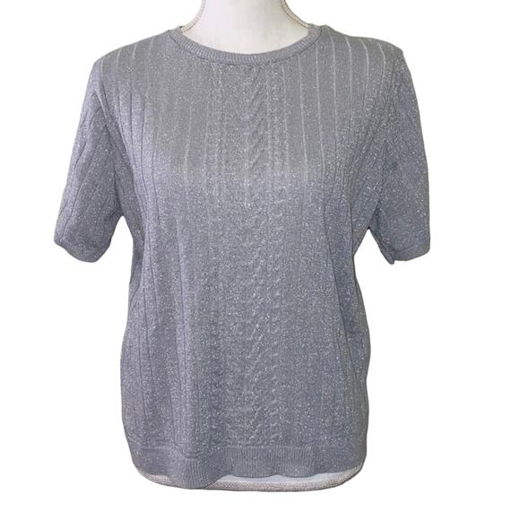 Alfred Dunner Size Medium Blouse Silver Metallic Sparkly Short Sleeve Holiday - Picture 1 of 10